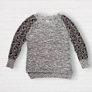 ESCIO Anthropologie Gray Black Lace Sheer Sleeves Tweed Boho Sweater Women's S
